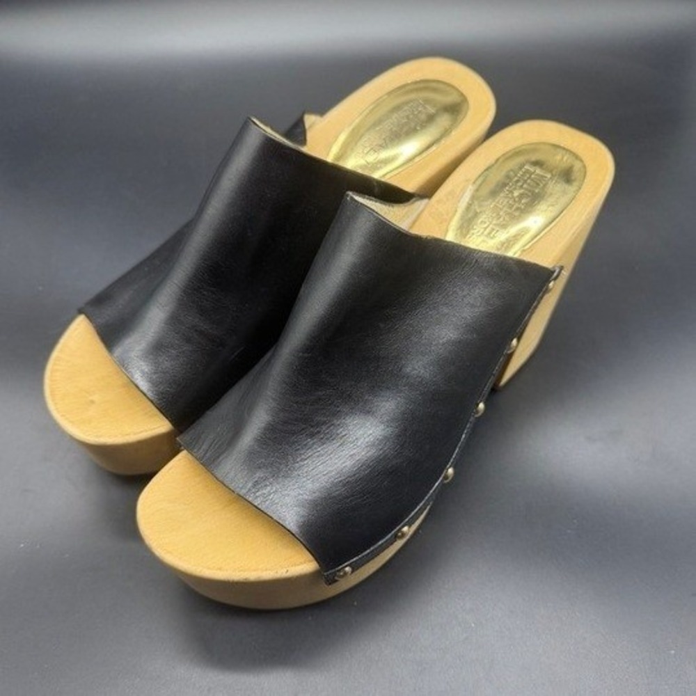 Michael Michael Kors Beatrice Black Leather Wood Platform Clog Sandals 8M ST14J